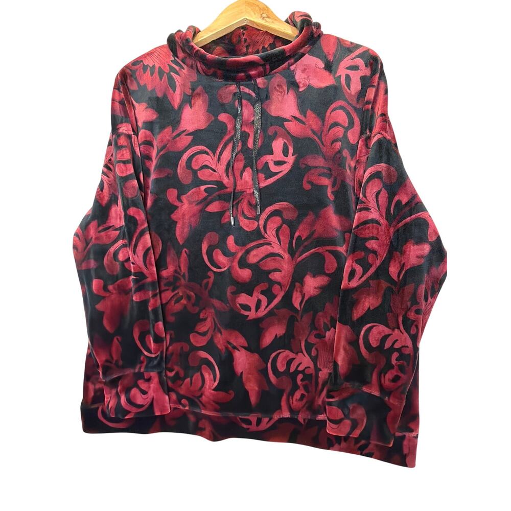 Chico's Womens XL Red Black Velour Floral Cowl Neck Pullover Long Sleeve Sweater
